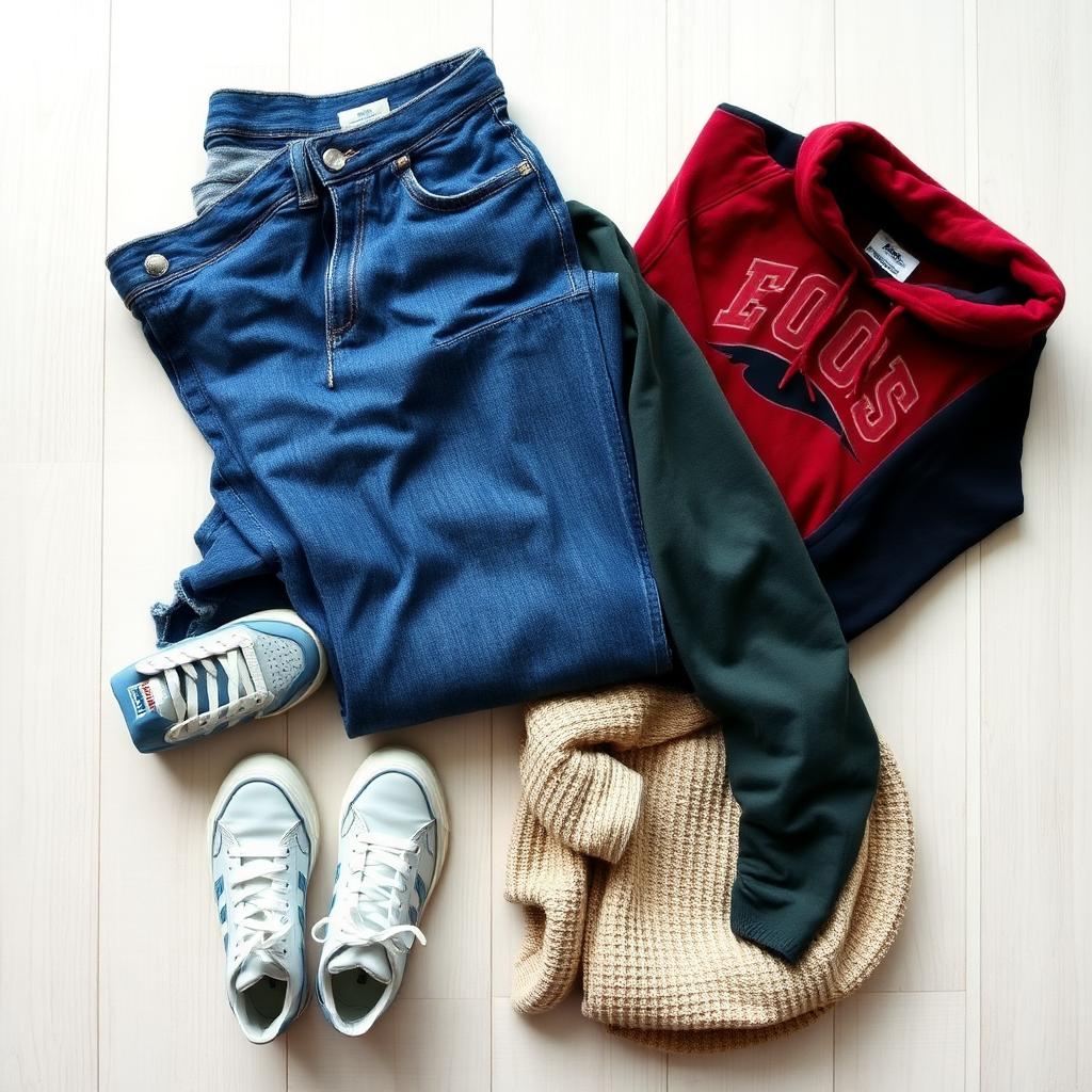 Assortment of second-hand clothing including denim, hoodie and sneakers