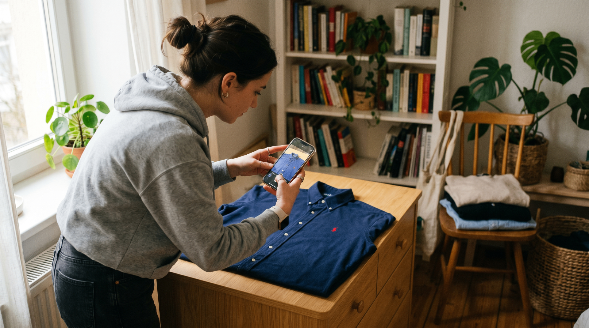 Hands using a smartphone to photograph a folded white t-shirt