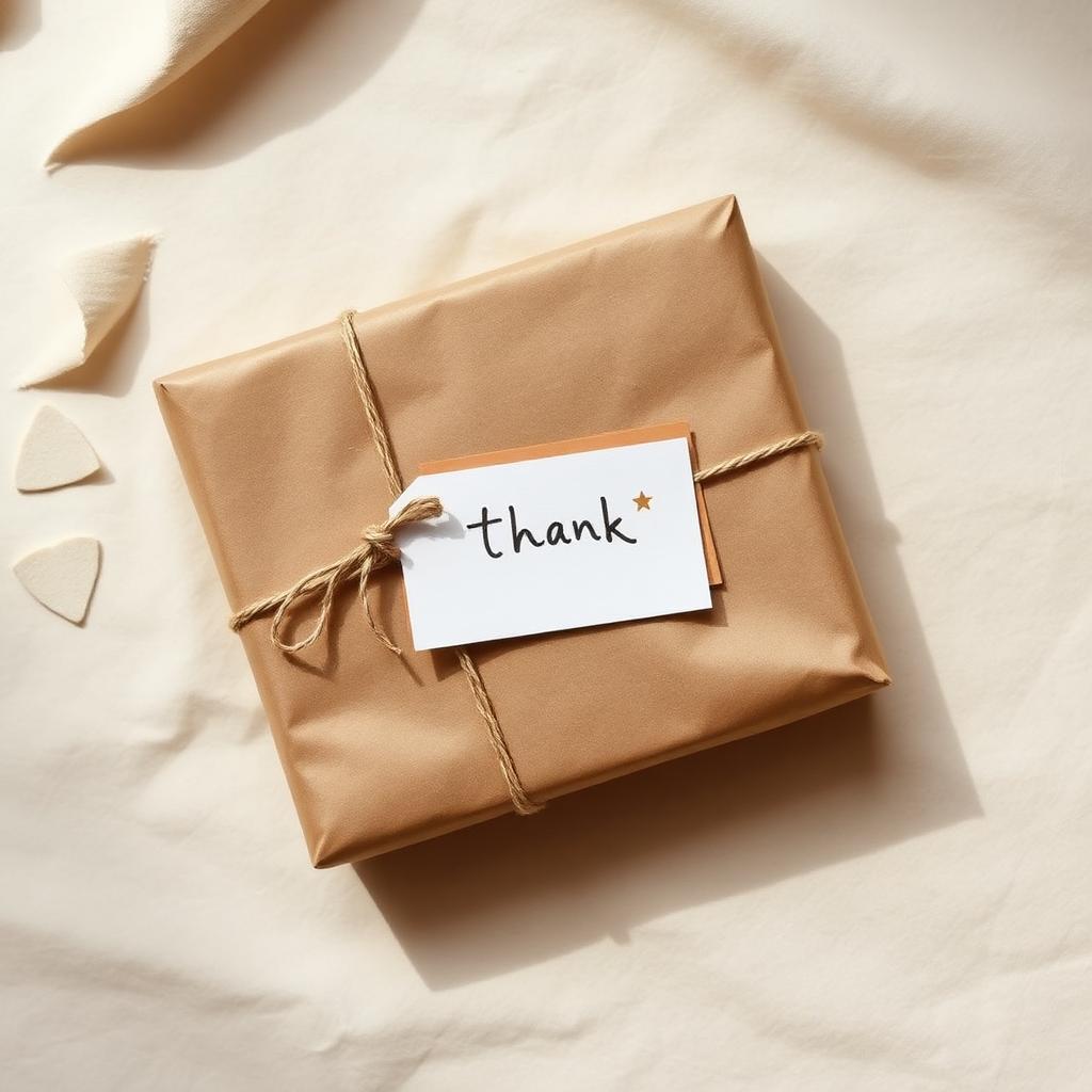 Brown kraft paper parcel with a handwritten thank you card and stars