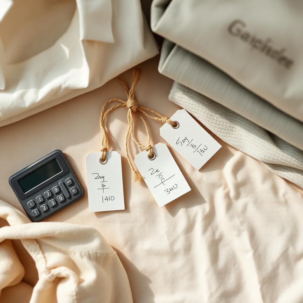 Handwritten price tags next to folded clothes and a calculator