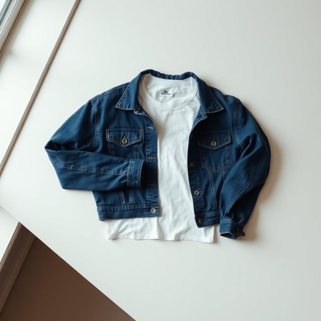 Flat lay of a denim jacket and white t-shirt on a clean surface