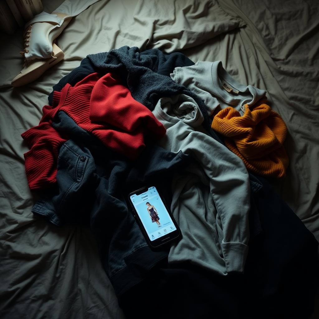 Pile of unsold second-hand clothes on a bed with a phone