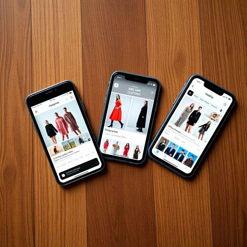 Three smartphones showing different clothing marketplace apps
