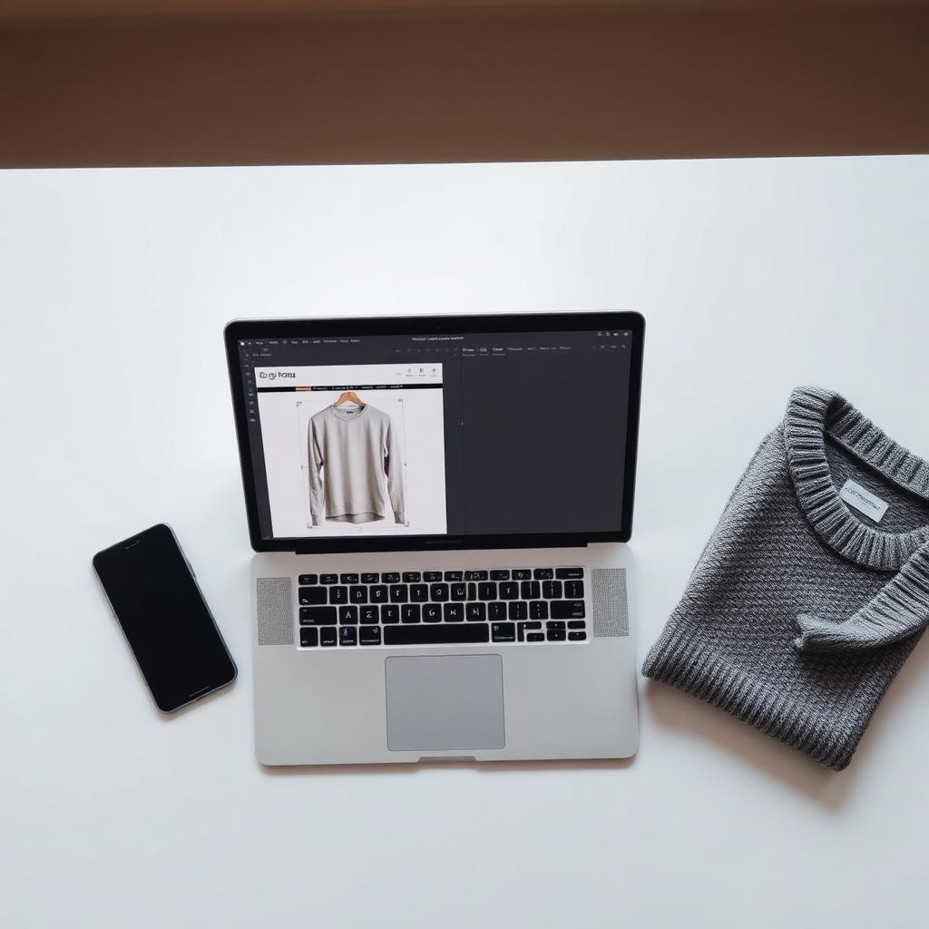 Laptop on a desk showing a clothing photo editor next to a folded sweater