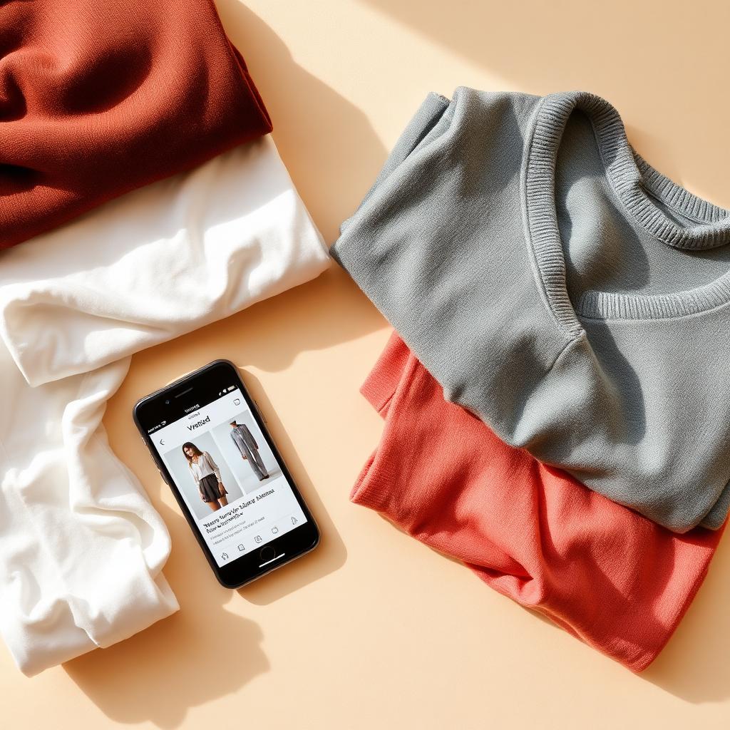 Folded clothes and a smartphone showing a Vinted-style listing