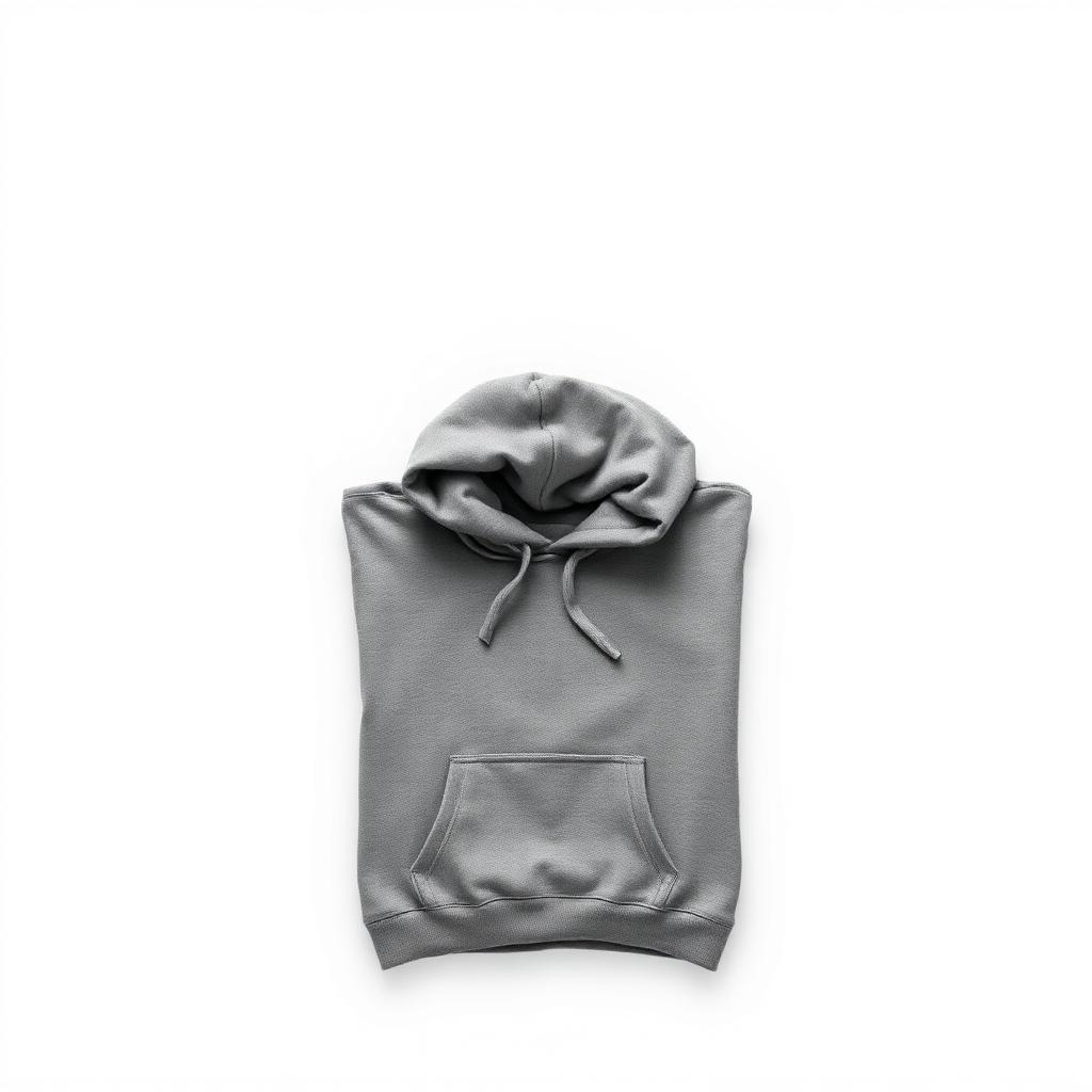 Clean studio shot of a folded grey hoodie on a white background
